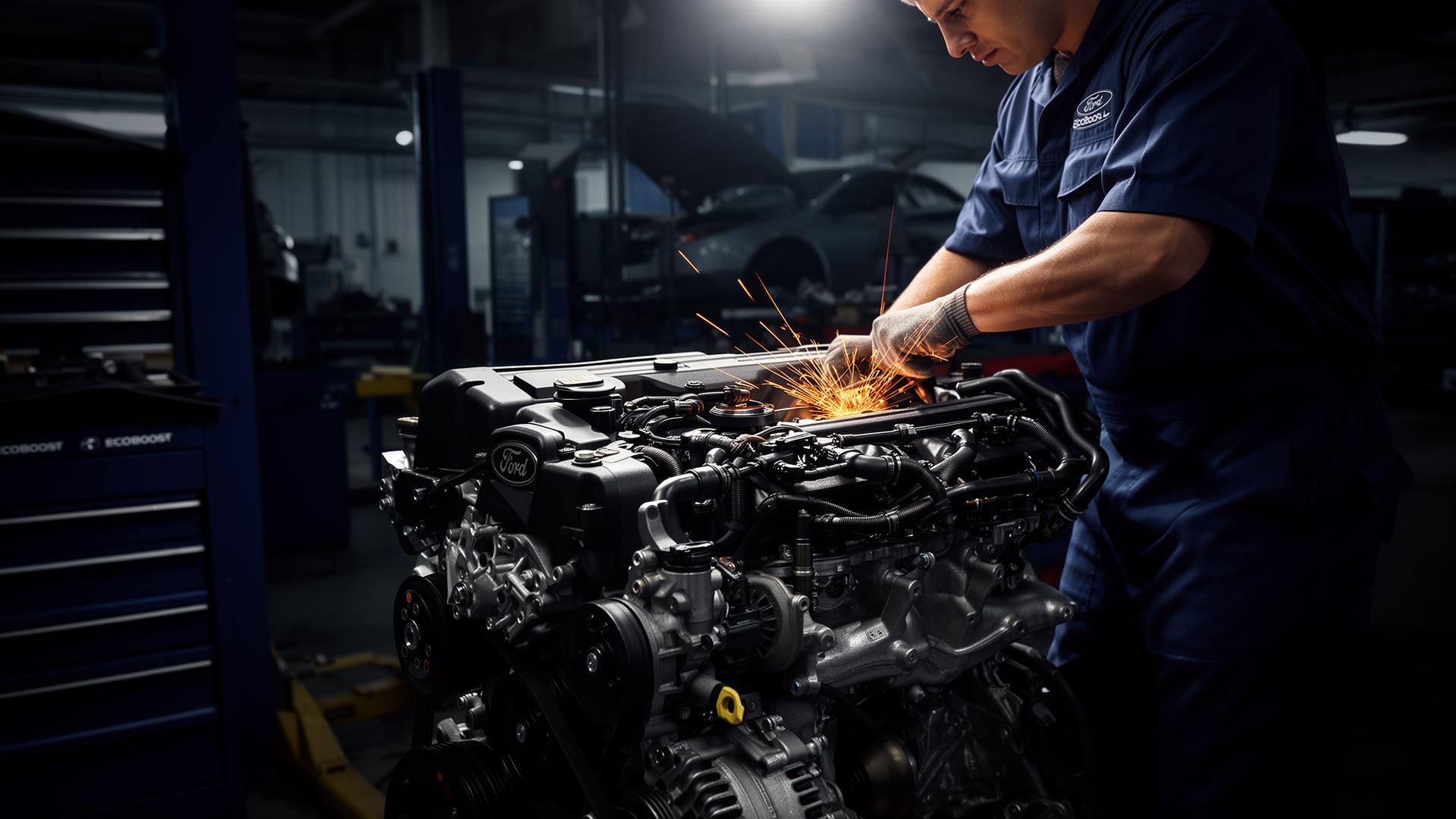 Specialist working on a Ford EcoBoost engine in Manchester workshop